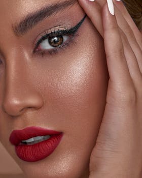 Vibrant close-up portrait featuring bold eye makeup and red lips, highlighting flawless skin.